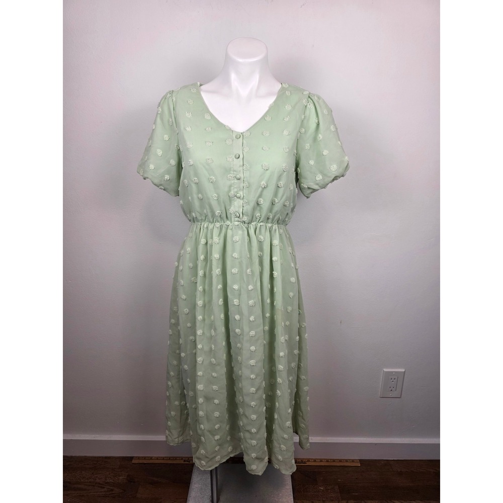 Baltic Born Sage Green Swiss Dot Midi Dress V-Neck Puff Sleeve PSD3458 Small